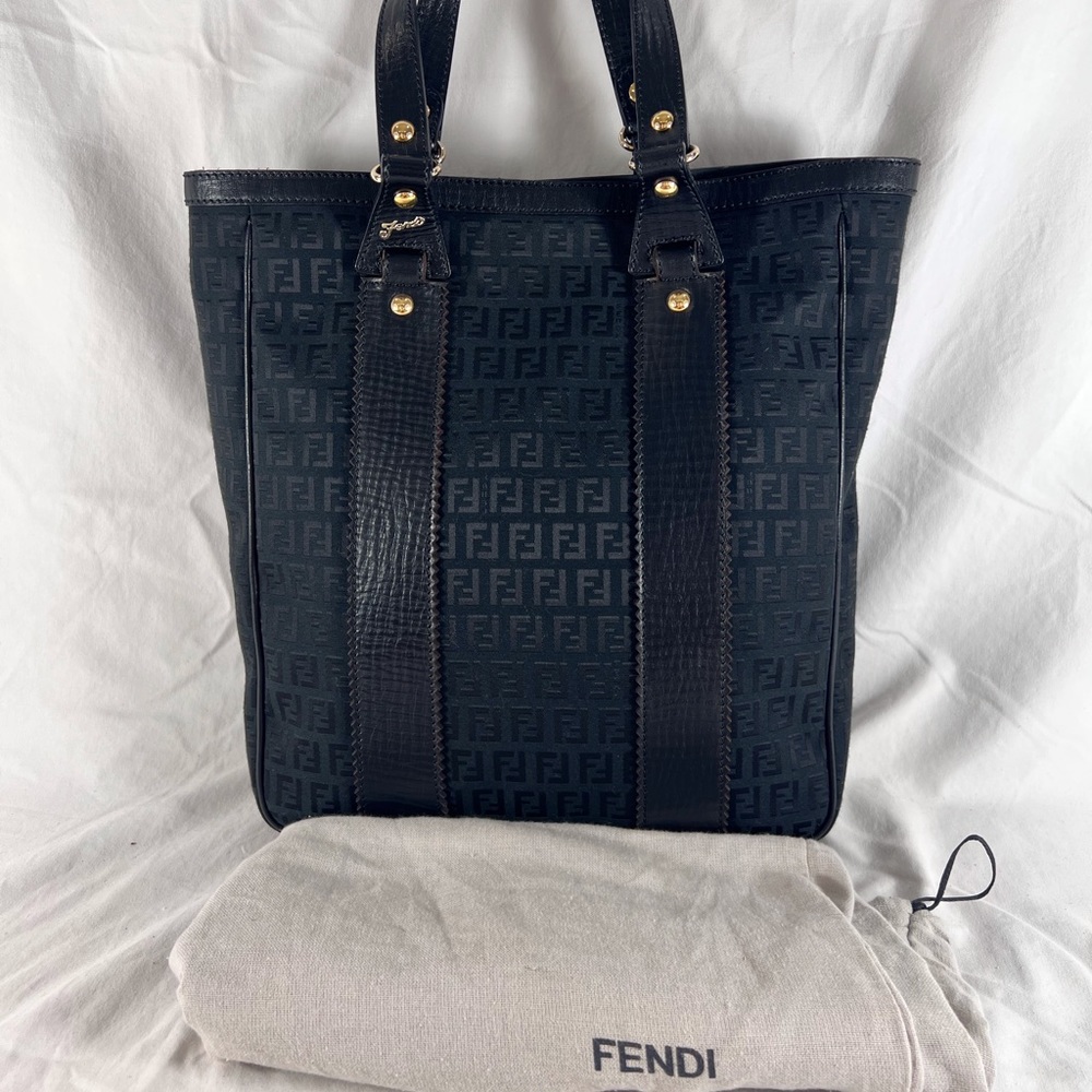 FENDI Zucchino Black Canvas Leather Trim Tote Shoulder Bag Made in Italy
